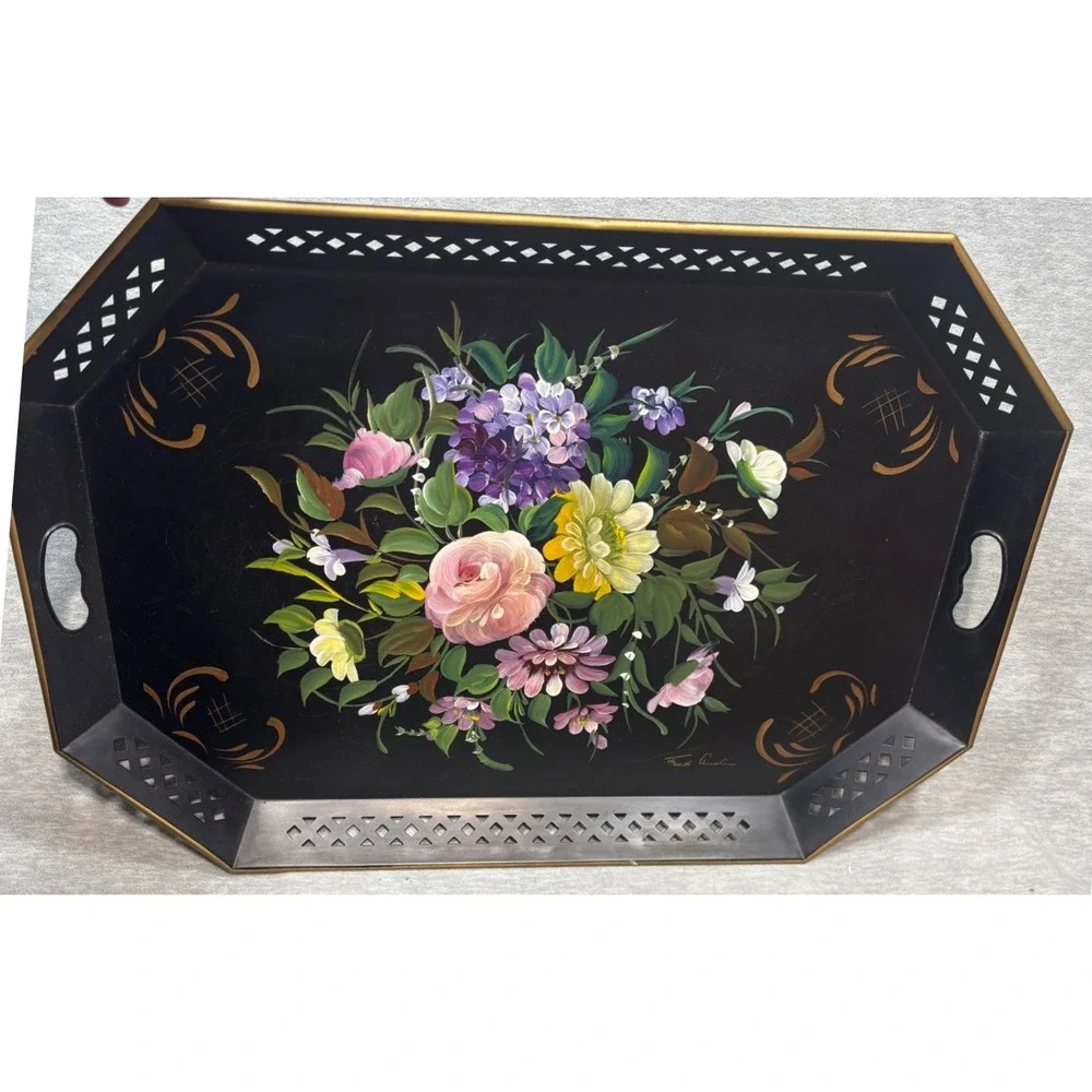 Vtg Nashco Hand‎ Painted Tray Tole Floral Black Octagon Serving Decor